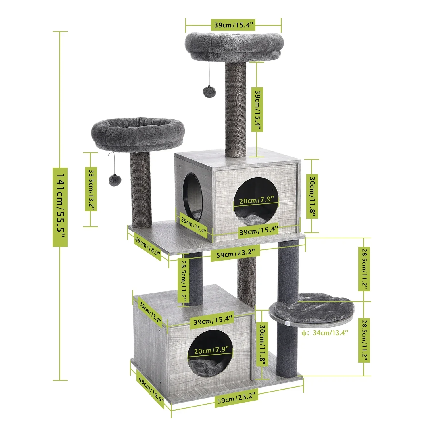 Arbre multifonction gris clair pour chats avec plateformes et niches – Image 2